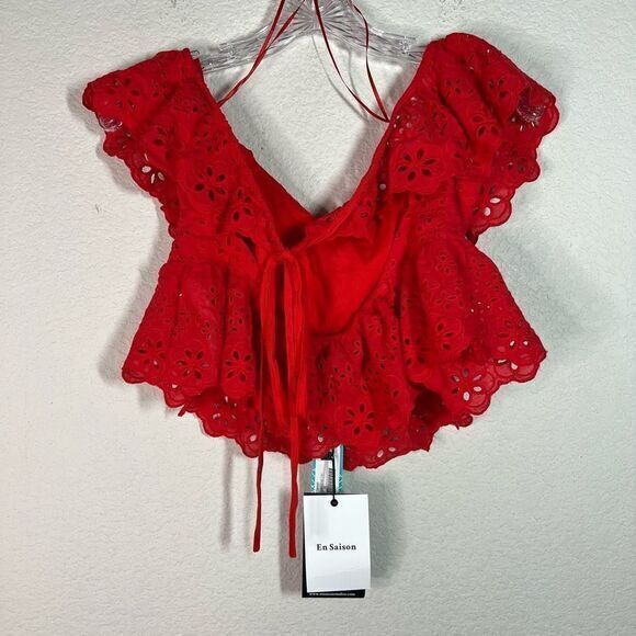 En Saison Hanna Crop Top Red Eyelet Backless Cap Sleeve Tie Back Medium - Picture 9 of 10